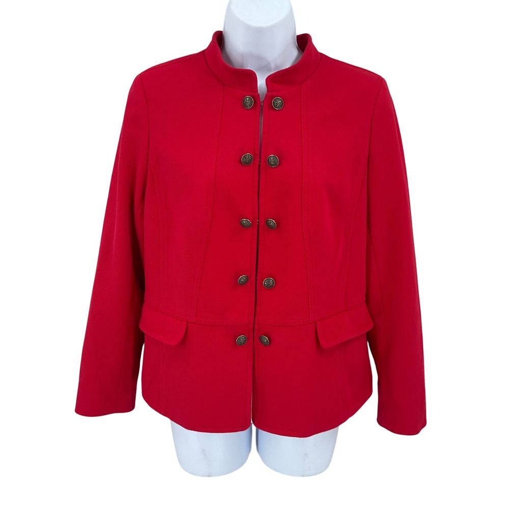 Talbots Military Blazer Women 10 Red Cotton Blend Crest Button Preppy Classic